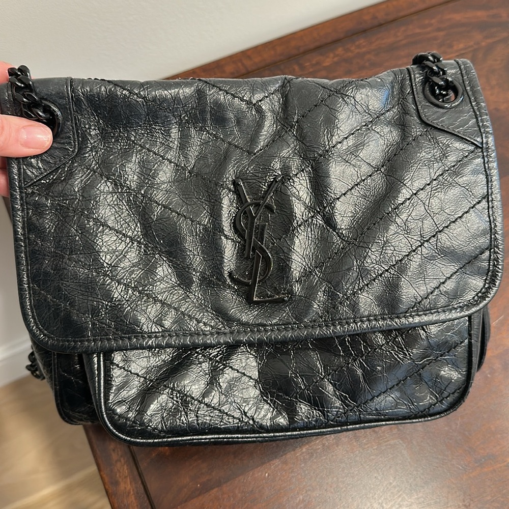 Saint Laurent black on black vintage crinkled, leather Black Crossbody